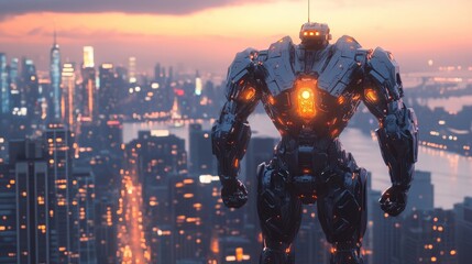 Naklejka premium Gigantic Robot Guardian Over a Cityscape at Sunset