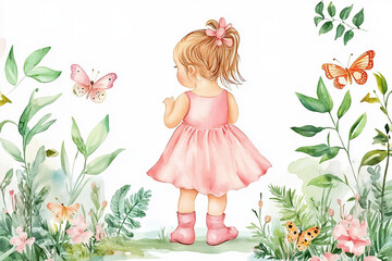 The image is a watercolor illustration of a young girl wearing a pink dress and boots, standing in a garden surrounded by green plants, flowers, and butterflies