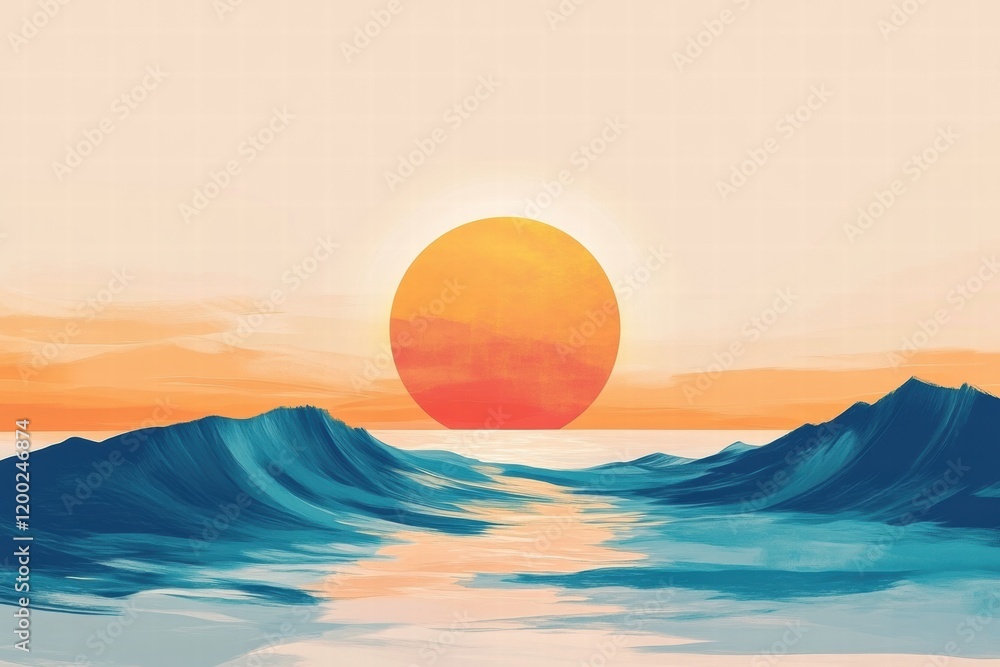 Aufkleber Sunset over ocean waves creates a tranquil atmosphere with vibrant colors and serene reflections during the evening. Generative AI
