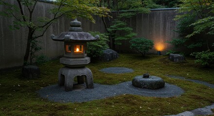 Stone Japanese Lantern in Garden with Moss and Trees