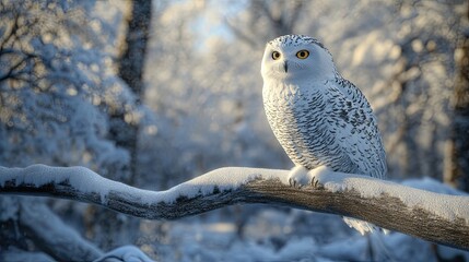 Fototapeta premium A realistic representation of a snowy owl perched silently on a snowy branch, highlighting its distinctive features.
