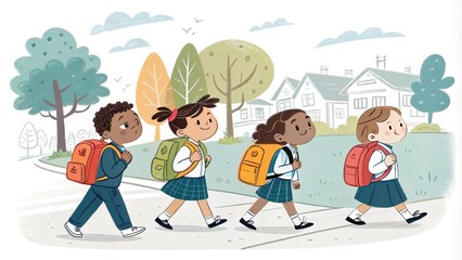 Fototapeta premium black and white children with backpacks on their shoulders happily go to school