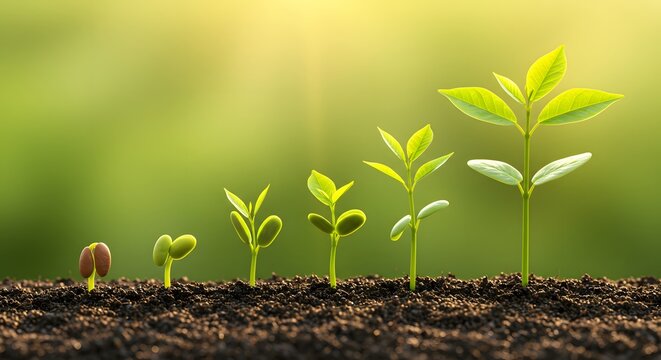 Plant growth stage from seed to sapling symbolizing life cycle and sustainable agricultural practices in green natural background