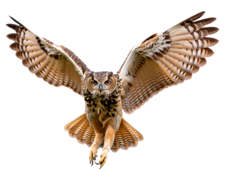Brown owl flying flapping its wings, isolated on white background