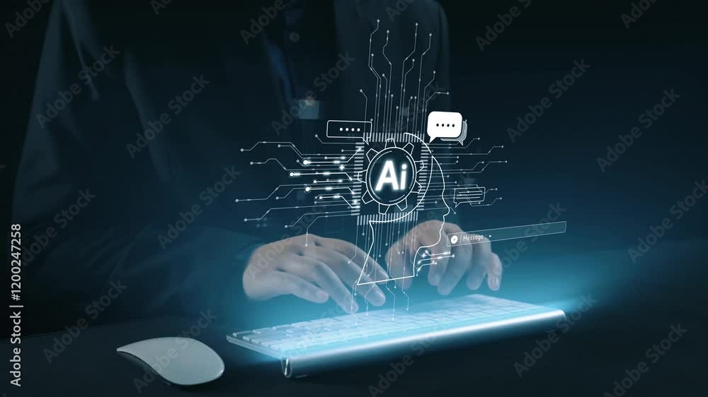 Poster human interact with ai artificial intelligence brain processor in concept of ai artificial intellige