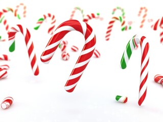 Brightly colored candy canes in various sizes and patterns, positioned randomly in a dynamic composition on a clean white background, smooth lines