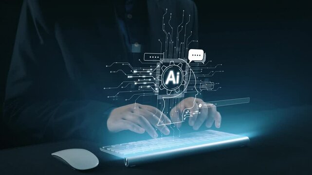 Human interact with AI artificial intelligence brain processor in concept of AI artificial intelligence engineering, big data and AI machine learning to use generative AI for business support. UUID