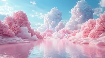 Fototapeta premium In a fantastical candyland, where pink paths meet fluffy clouds and candies come in every color, a dreamlike scene of sugary delights unfolds