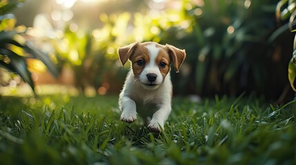 A playful puppy frolicking in a lush green backyard, capturing its joy.