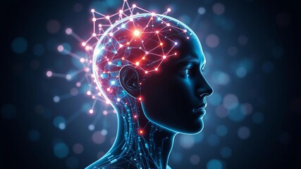 Digital human head with glowing neural connections, bokeh effect background, futuristic technology, human, neural connections