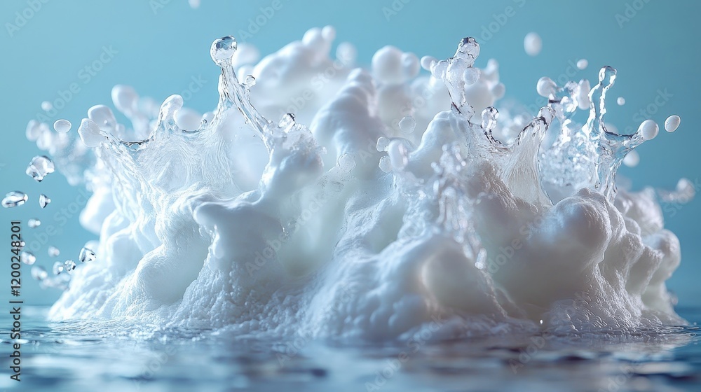 Aufkleber a dynamic splash of water creating foam and bubbles against a soft blue background.
