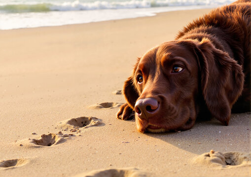 Brown dog resting on the beach with a serene expression during sunset