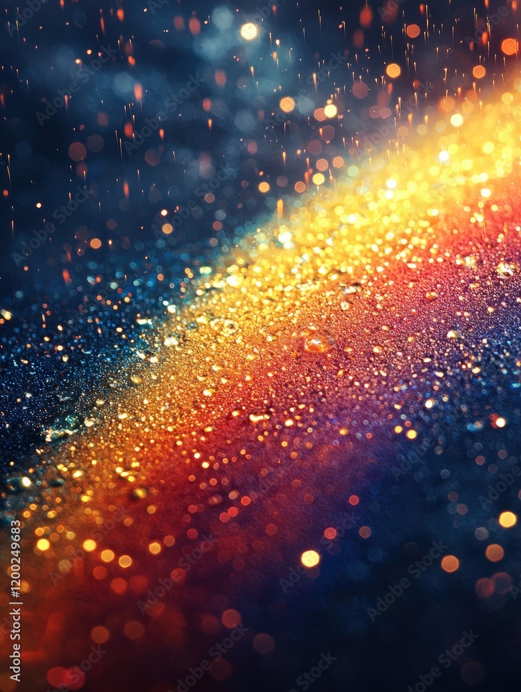 Poster rainbow gradient surface covered in water droplets with golden sparkles and streaks of light. perfec