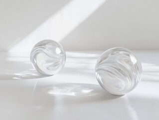 Crystal-clear floating orbs with glowing translucent textures, intricate light distortions and unique reflections, placed on a pristine white background