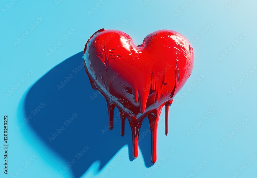 Aufkleber 3d heart dripping red paint on a blue background with the shadow of the same shape generative ai