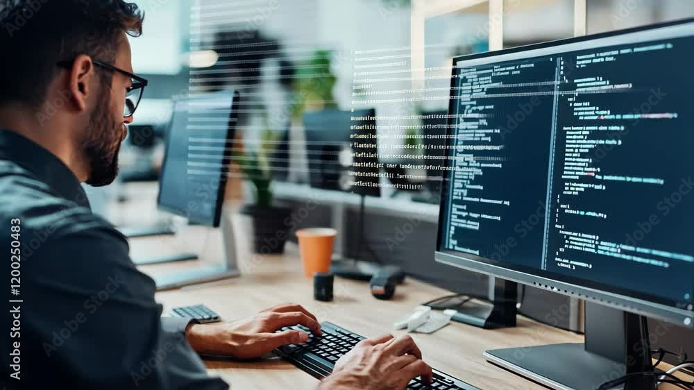 Poster businessman focused on coding at desk in modern office during daytime, businessman working on comput