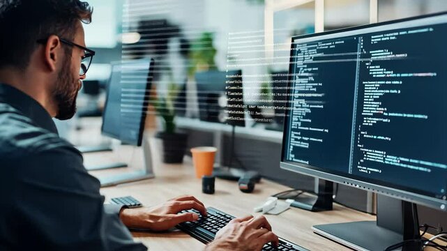 Businessman focused on coding at desk in modern office during daytime, Businessman working on computer at his desk in modern office - Powered by Adobe