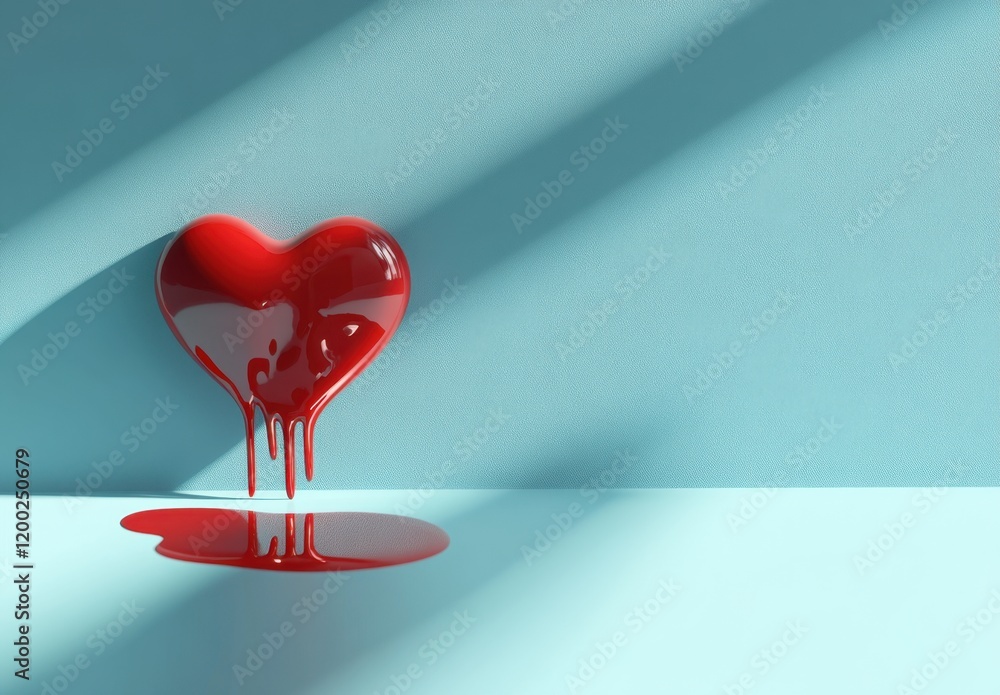 Aufkleber 3d heart dripping red paint on a blue background with the shadow of the shape of another heart, a mi