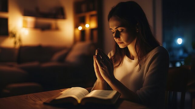 A young woman reads the Bible and prays in a room at night under electric lighting.