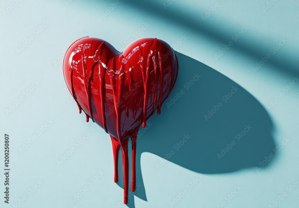 Aufkleber 3d heart dripping red paint on a blue background with the shadow of the same shape generative ai