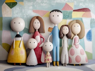 Whimsical family art: colorful wooden figures in abstract setting