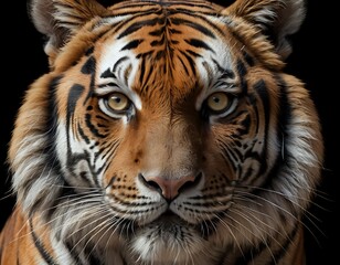 Fototapeta premium Majestic Tiger Portrait: Intense Gaze, Striking Stripes, Dark Background