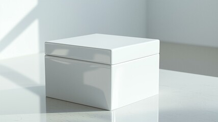 A photorealistic image of a white ceramic box with a glossy finish on a clean surface
