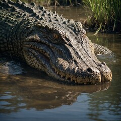 Obraz premium Close-up of a Crocodile in Natural Habitat. Imagine a vast meadow full of colorful wildflowers — poppies, daisies, and lavender — swaying in the gentle wind. Butterflies of every color flutter from 