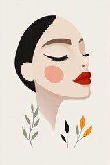 Minimalist portrait of a stylized woman with bold makeup and leaf accents