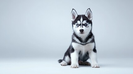 Playful siberian husky puppy indoor studio pet photography minimalist setting front view adorable companionship
