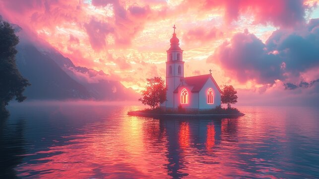 Illustrative haunted house images that are illusory and dreamlike, featuring surreal landscapes and otherworldly lighting