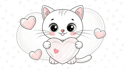 Cute cartoon cat holding a heart surrounded by hearts in a black and white outline design, fun coloring page, copy space