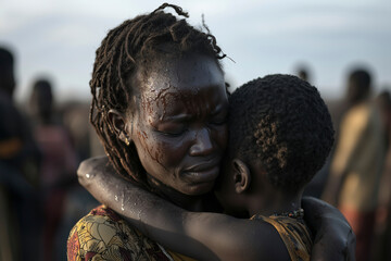 A Mother's Embrace: A Poignant Depiction of Despair, Resilience, and the Unwavering Bond Amidst Humanitarian Crisis