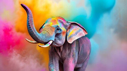 Elephant with Bright Holi Colors and Powder Clouds