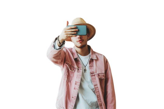 Young man wearing a straw hat and pink denim jacket taking a selfie against a plain white background