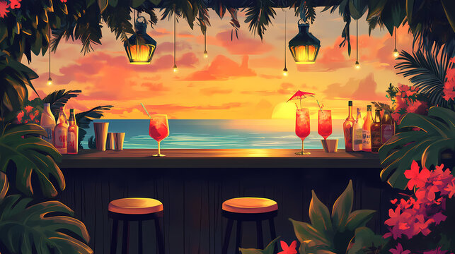 Tropical tiki bar paradise at sunset vibrant cocktails exotic decor lush vegetation and beachfront ambiance created by ai. Lush Tropical Paradise. Illustration