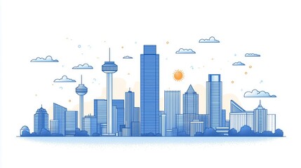 Minimalist city skyline with blue urban architecture and cloudy sky