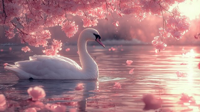 Elegant white swan gracefully glides on serene pink blossom-filled water at sunrise. - Powered by Adobe