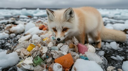 Obraz premium Arctic fox exploring plastic pollution on melting ice caps