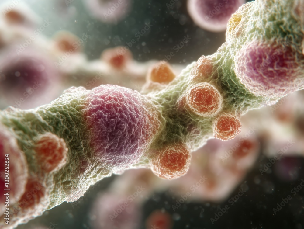 Poster intricate microbial structures: close-up of colorful bacteria under a microscope