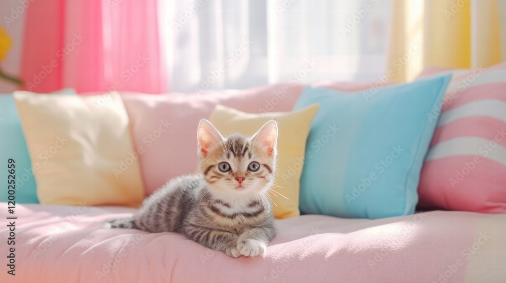 Poster kitten joyfully playing in a sunny living room filled with colorful cushions during a cheerful after
