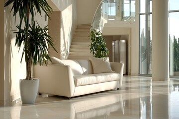 interior design, modern living room, cream leather sofa, potted plants, large windows, natural light, minimalist decor, reflective tile floor, bright and airy space, contemporary style, clean lines, w