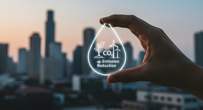 Sustainable urban concept with hand holding emission reduction drop against cityscape. Represents smart cities, green energy, and eco-friendly innovation for sustainable development
