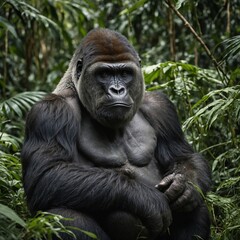 western gorilla in the jungle. A powerful gorilla with a silverback, sitting thoughtfully on a white background. A gorilla sitting peacefully in a misty mountain clearing, surrounded by dense 

