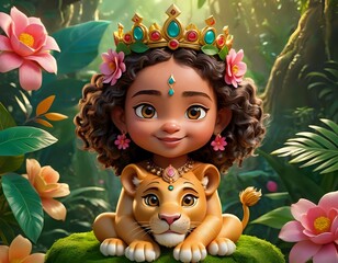 Crown Princess with Lion Cub: A Vibrant Jungle Portrait