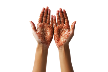 Intricate henna designs on elegantly manicured hands with vibrant red nails on a transparent background showcasing traditional body art