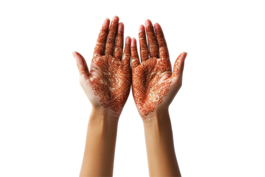 Intricate henna designs on elegantly manicured hands with vibrant red nails on a transparent background showcasing traditional body art