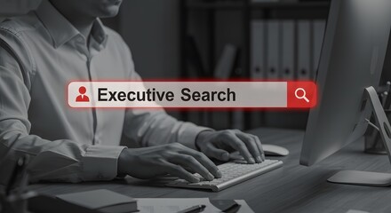 Executive search concept highlighting professional working on desktop keyboard in focused office environment