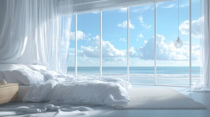 Serene coastal bedroom, floor-to-ceiling windows, ocean view, white curtains, unmade bed, fluffy comforter, bright sunlight, blue sky, puffy clouds, tranquil atmosphere, minimalist decor, beach house