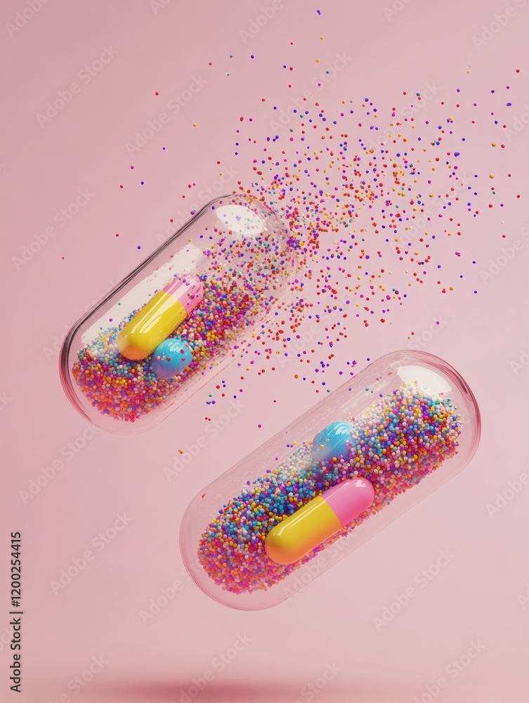 Poster split capsule with colorful particles spilling and creating a vibrant display in a soft pink backgro